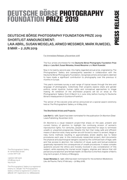 Deutsche Börse Photography Foundation Prize 2019 Shortlist Announcement: Laia Abril, Susan Meiselas, Arwed Messmer, Mark Ruwedel 8 Mar – 2 Jun 2019