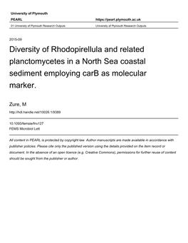 Diversity of Rhodopirellula and Related Planctomycetes in a North Sea 1 Coastal Sediment Employing Carb As Molecular