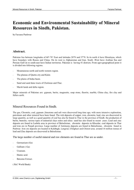 Economic and Environmental Sustainability of Mineral Resources in Sindh, Pakistan