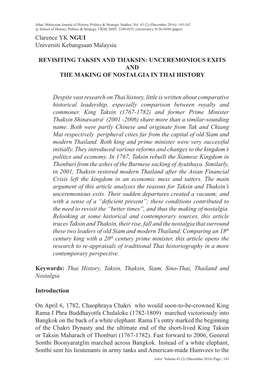 Clarence YK NGUI Universiti Kebangsaan Malaysia REVISITING TAKSIN and THAKSIN: UNCEREMONIOUS EXITS and the MAKING of NOSTALGIA