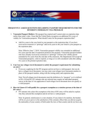Frequently Asked Questions Regarding Passport Requirements for the Diversity Immigrant Visa Program