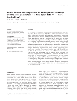 Effects of Food and Temperature on Development, Fecundity and Life-Table Parameters of Adalia Bipunctata (Coleoptera: Coccinellidae) M