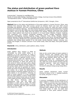 The Status and Distribution of Green Peafowl Pavo Muticus in Yunnan Province, China