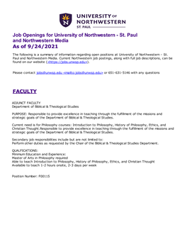 Job Openings for University of Northwestern - St
