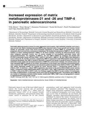 26 and TIMP-4 in Pancreatic Adenocarcinoma
