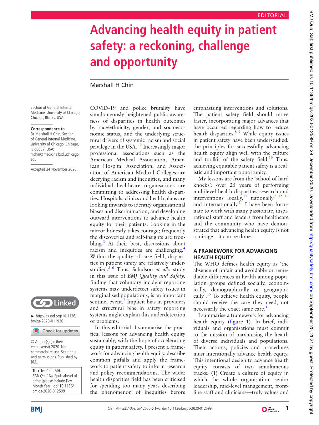 Advancing Health Equity in Patient Safety: a Reckoning, Challenge and Opportunity