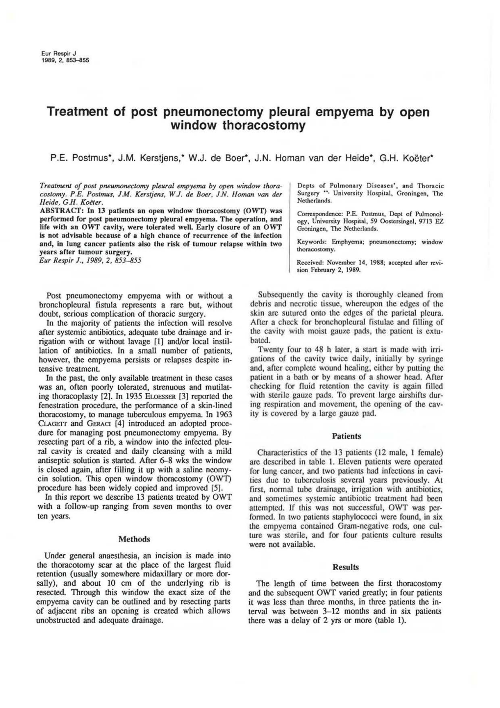 Treatment of Post Pneumonectomy Pleural Empyema by Open Window Thoracostomy