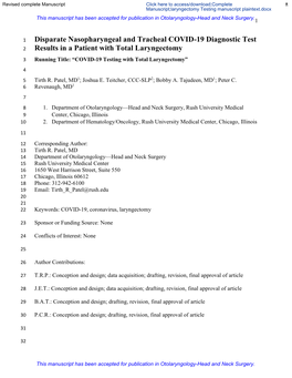 Disparate Nasopharyngeal and Tracheal COVID-19 Diagnostic Test