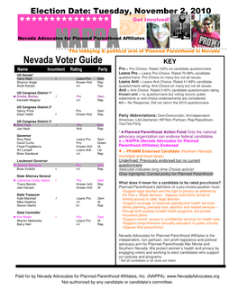 Nevada Voter Guide KEY Pro = Pro-Choice