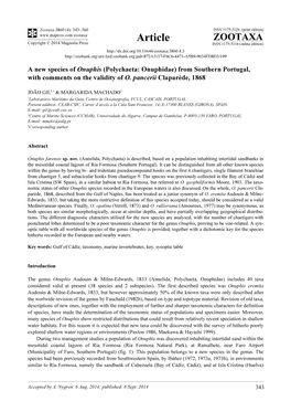 Polychaeta: Onuphidae) from Southern Portugal, with Comments on the Validity of O