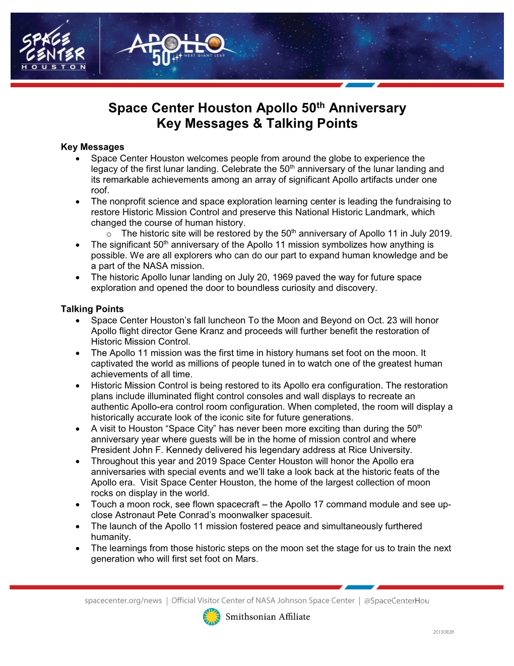 Space Center Houston Apollo 50Th Anniversary Key Messages & Talking Points