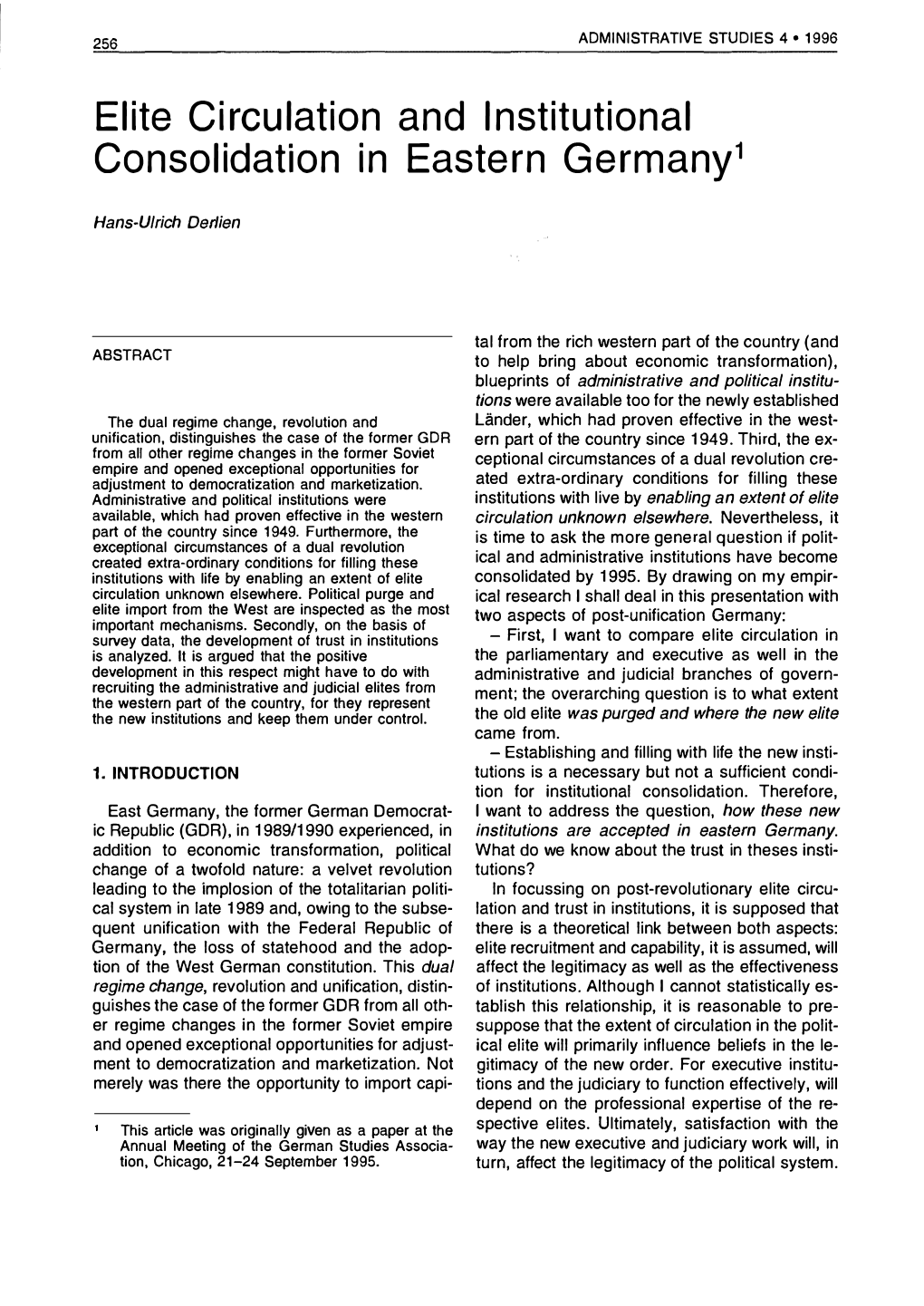 Elite Circulation and Lnstitutional Consolidation in Eastern Germany1