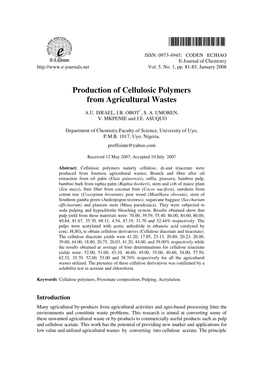 Production of Cellulosic Polymers from Agricultural Wastes