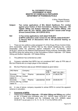 No. 31015/68/2017-Pricing GOVERNMENT of INDIA MINISTRY of CHEMICALS & FERTILIZERS DEPARTMENT of PHARMACEUTICALS ………