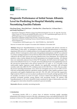 Diagnostic Performance of Initial Serum Albumin Level for Predicting In-Hospital Mortality Among Necrotizing Fasciitis Patients