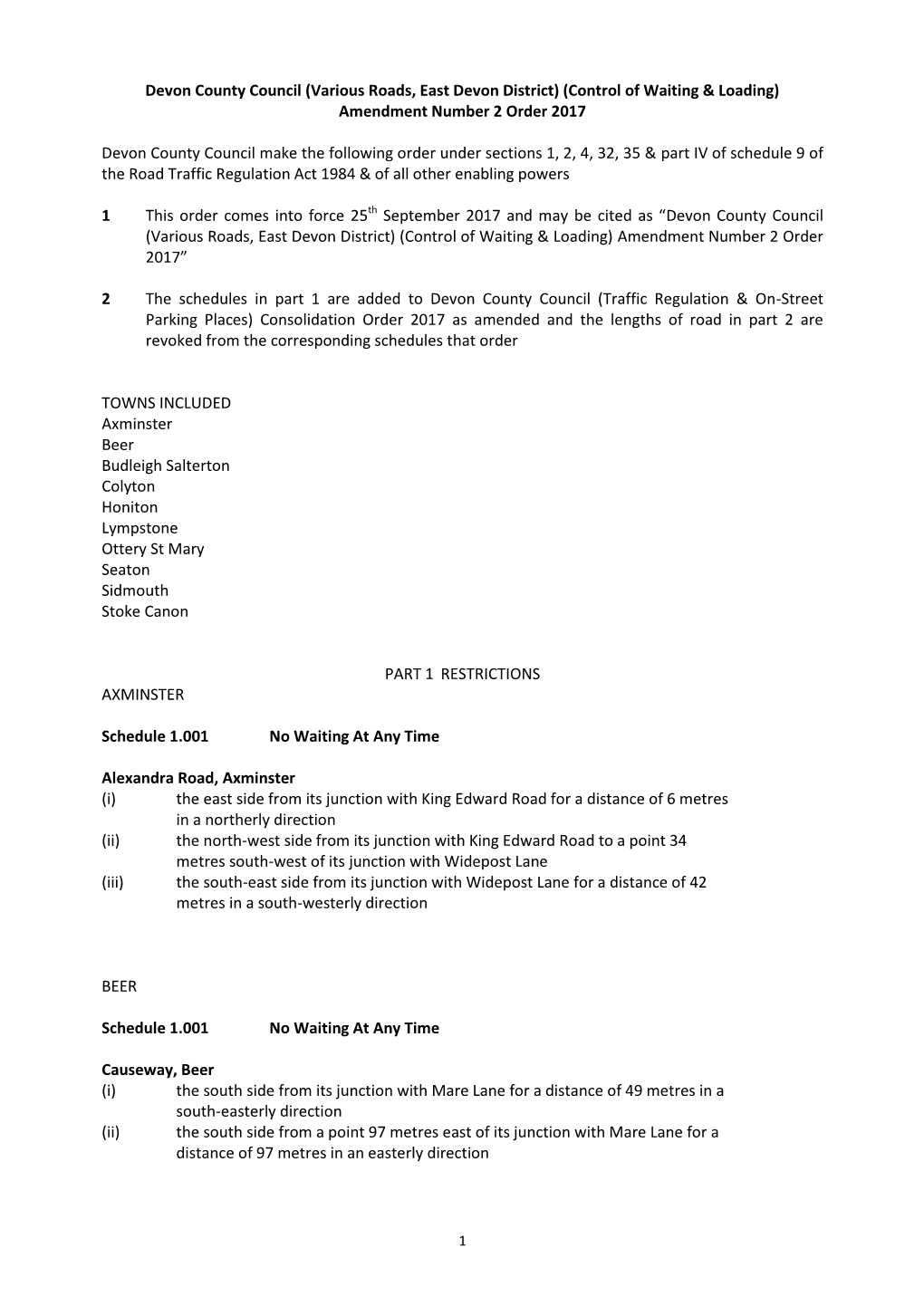 Various Roads, East Devon District) (Control of Waiting & Loading) Amendment Number 2 Order 2017