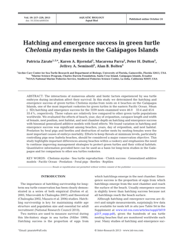 Hatching and Emergence Success in Green Turtle Chelonia Mydas Nests in the Galápagos Islands