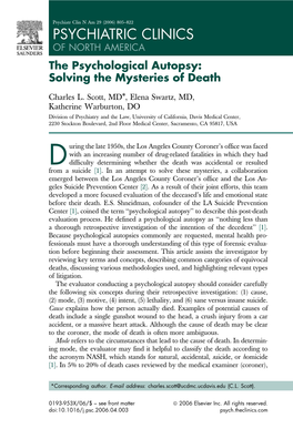 PSYCHIATRIC CLINICS of NORTH AMERICA the Psychological Autopsy: Solving the Mysteries of Death