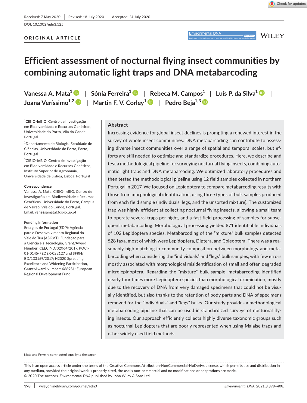 Efficient Assessment of Nocturnal Flying Insect Communities by Combining Automatic Light Traps and DNA Metabarcoding