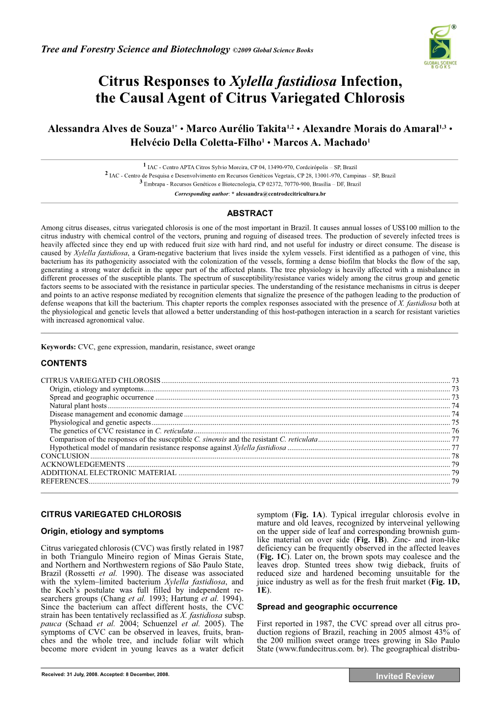 Citrus Responses to Xylella Fastidiosa Infection, the Causal Agent of Citrus Variegated Chlorosis