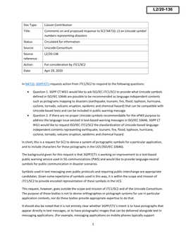 L2/20-136 Reference: Action: for Consideration by JTC1/SC2 Date: Apri 29, 2020