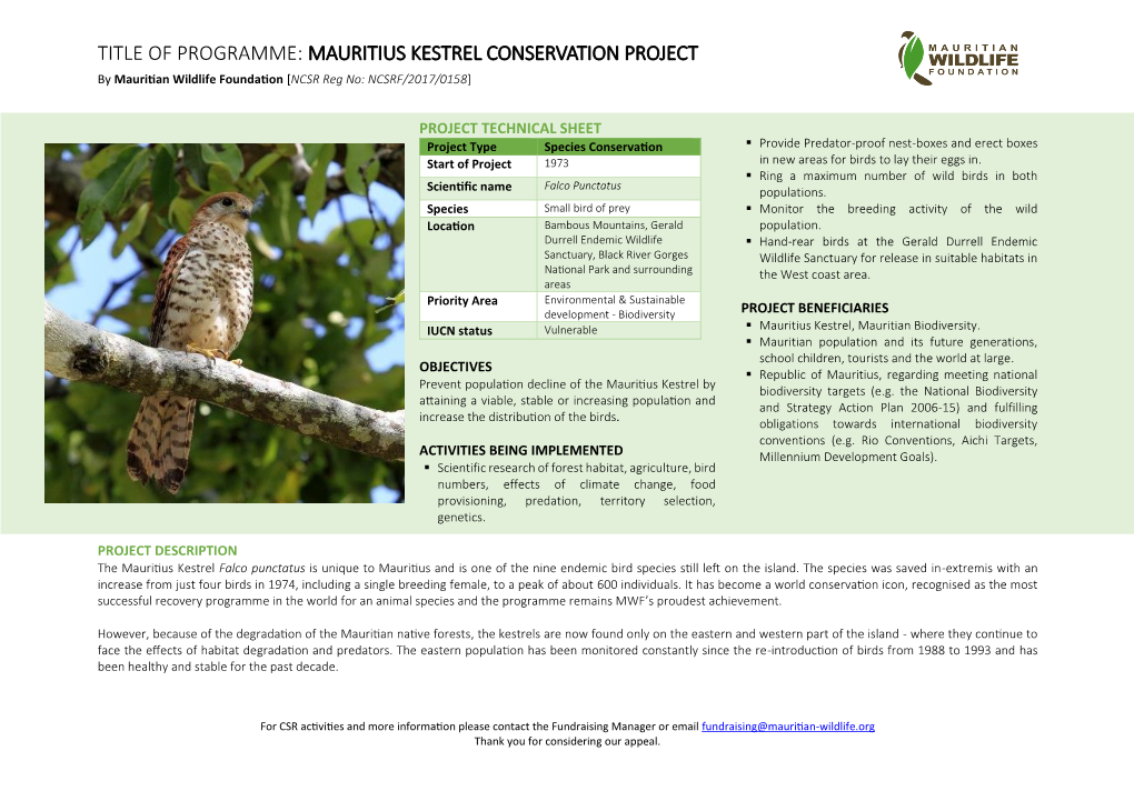 TITLE of PROGRAMME: MAURITIUS KESTREL CONSERVATION PROJECT by Mauritian Wildlife Foundation [NCSR Reg No: NCSRF/2017/0158]
