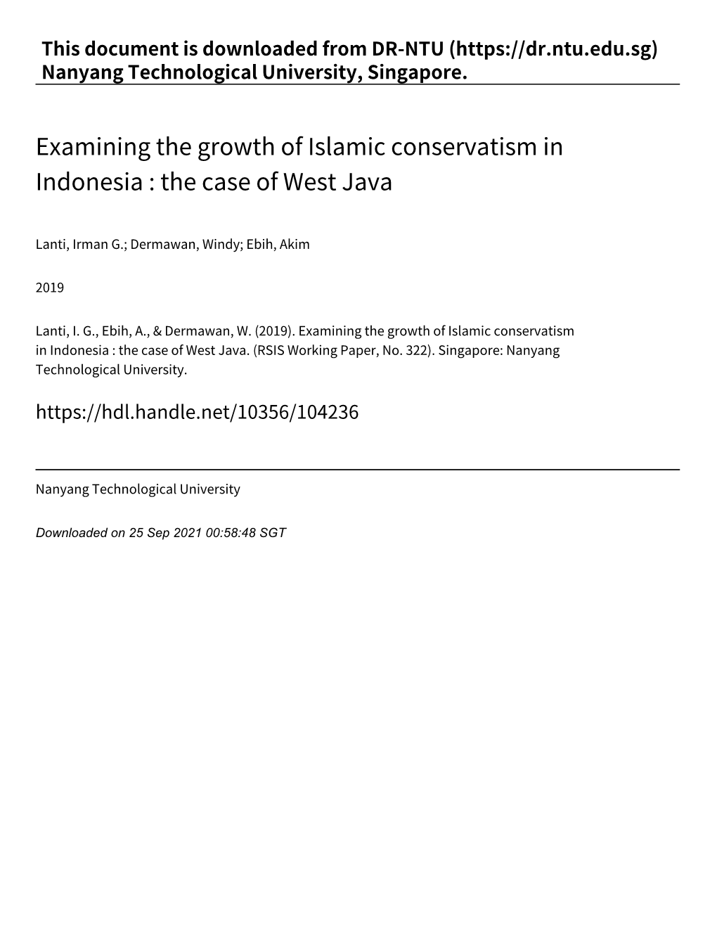 Examining the Growth of Islamic Conservatism in Indonesia : the Case of West Java