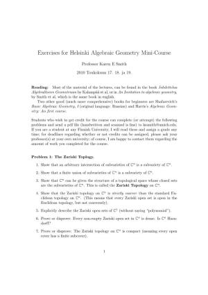 Exercises for Helsinki Algebraic Geometry Mini-Course
