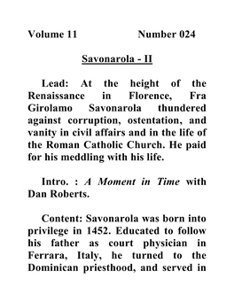 At the Height of the Renaissance in Florence, Fra Girolamo Savonarola