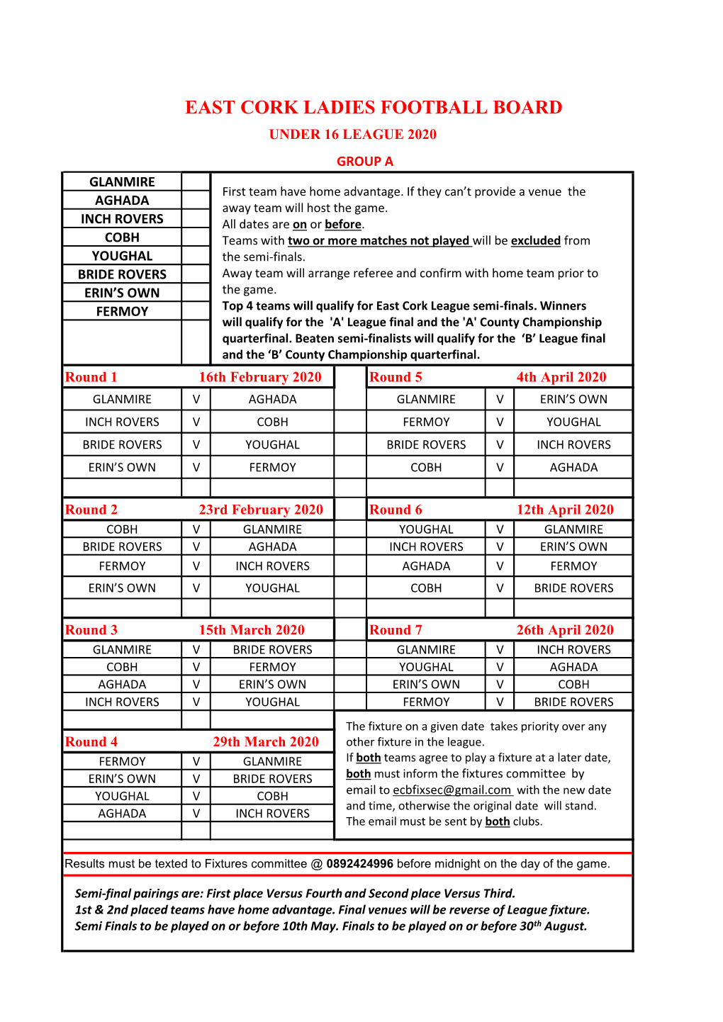 EAST CORK LADIES FOOTBALL BOARD UNDER 16 LEAGUE 2020 GROUP a GLANMIRE First Team Have Home Advantage