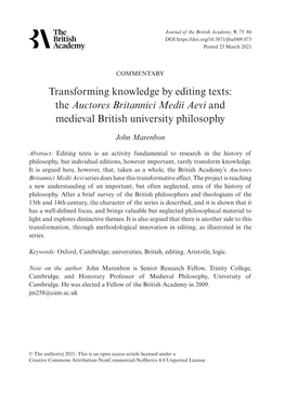 Auctores Britannici Medii Aevi and Medieval British University Philosophy
