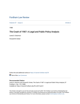 The Crash of 1987: a Legal and Public Policy Analysis