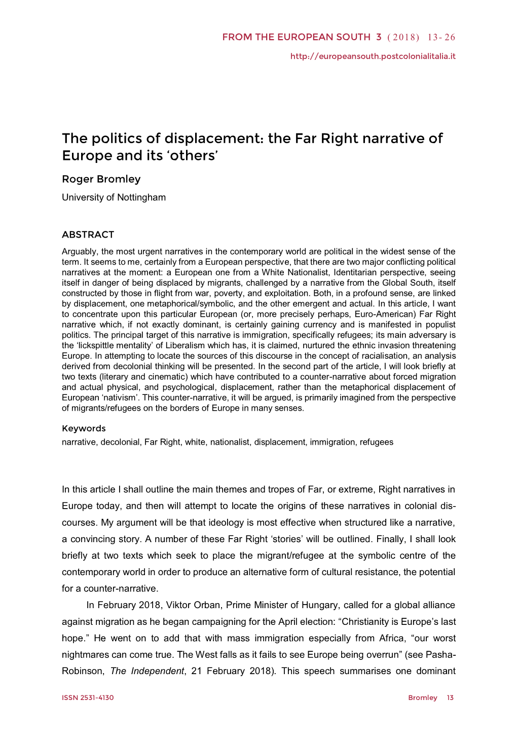 The Politics of Displacement: the Far Right Narrative of Europe and Its ‘Others’