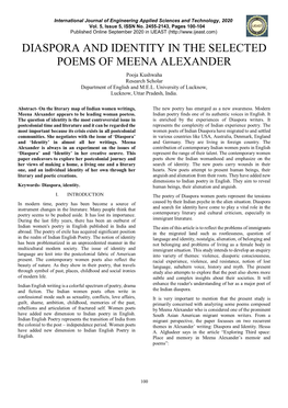 DIASPORA and IDENTITY in the SELECTED POEMS of MEENA ALEXANDER Pooja Kushwaha Research Scholar Department of English and M.E.L