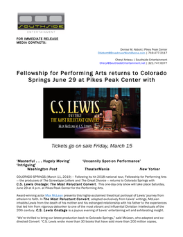 Fellowship for Performing Arts Returns to Colorado Springs June 29 at Pikes Peak Center With