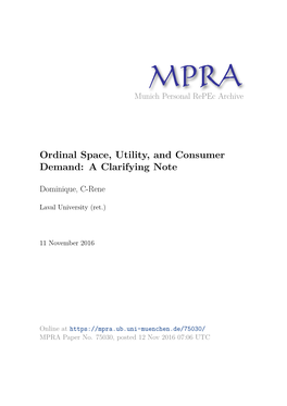 Ordinal Space, Utility, and Consumer Demand: a Clarifying Note