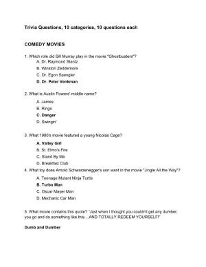 Trivia Questions, 10 Categories, 10 Questions Each COMEDY MOVIES