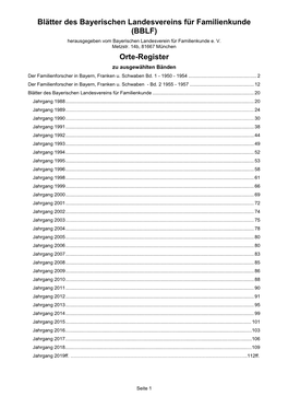 BBLF, Orte-Register Zu Ausgewählten Bänden