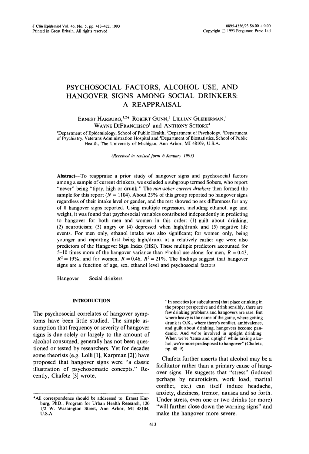 Psychosocial Factors, Alcohol Use, and Hangover Signs Among Social Drinkers: a Reappraisal