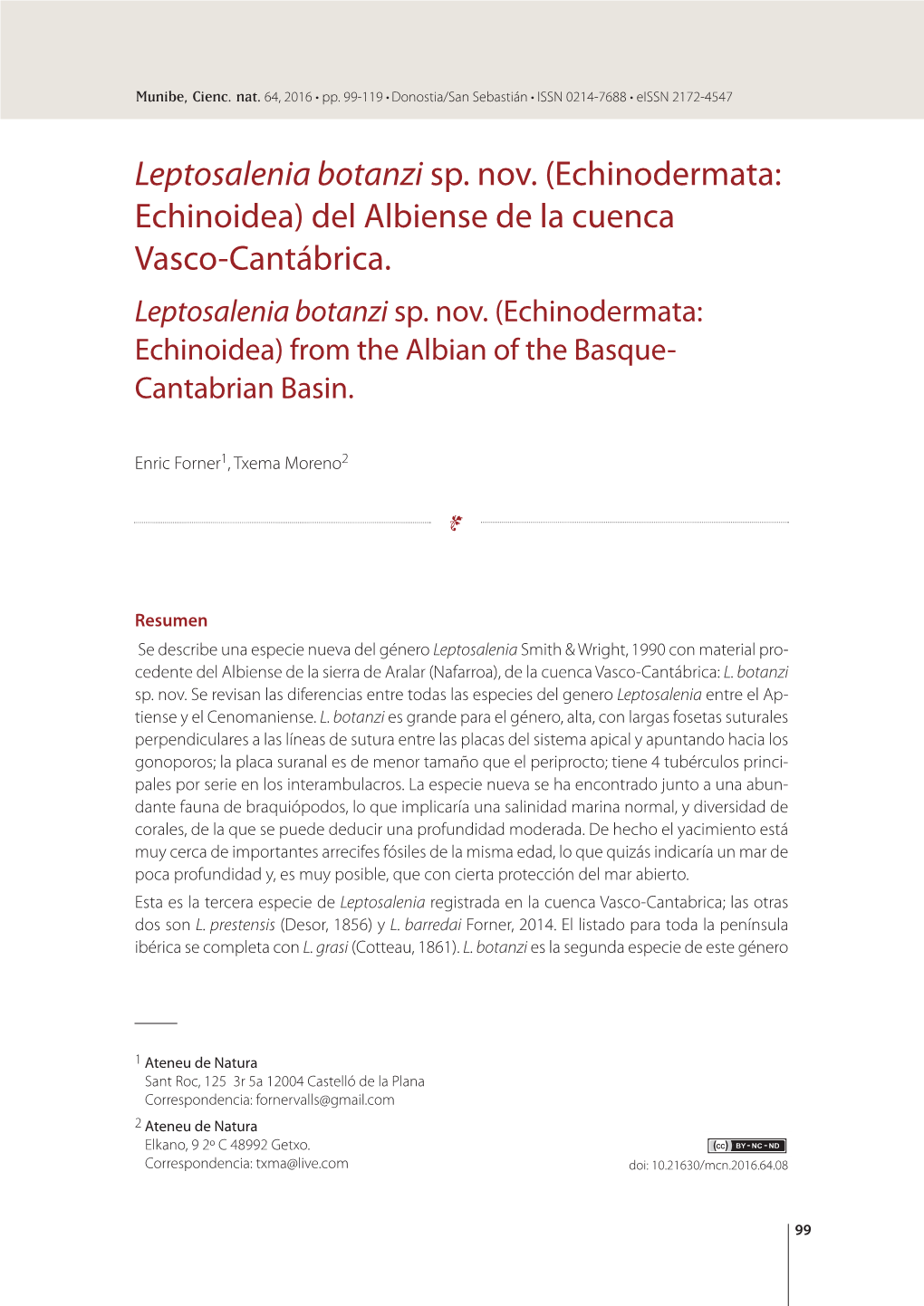 Leptosalenia Botanzi Sp. Nov. (Echinodermata: Echinoidea) Del Albiense De La Cuenca Vasco-Cantábrica