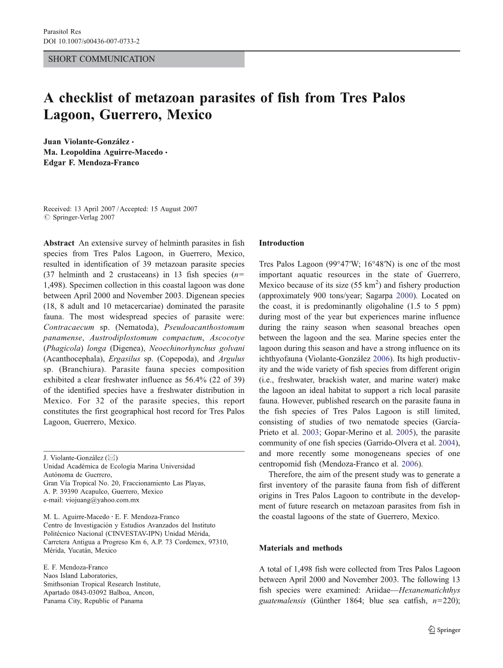 A Checklist of Metazoan Parasites of Fish from Tres Palos Lagoon, Guerrero, Mexico