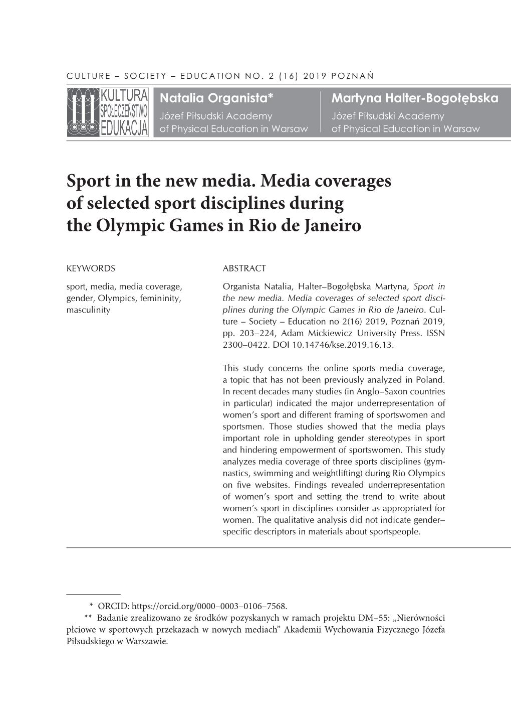 Sport in the New Media. Media Coverages of Selected Sport Disciplines During the Olympic Games in Rio De Janeiro12