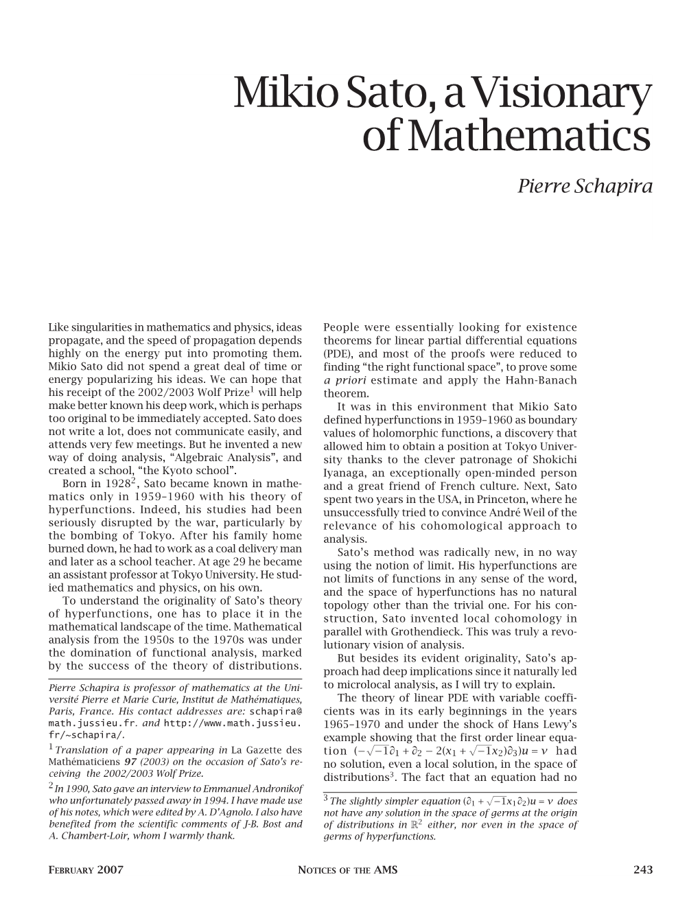 Mikio Sato, a Visionary of Mathematics, Volume 54, Number 2