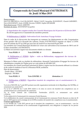 Compte-Rendu Du Conseil Municipal D'autechaux Du Jeudi 14 Mars 2019