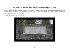 The Genesis of Highfield Road Jewish Cemetery, Roath Park, Cardiff