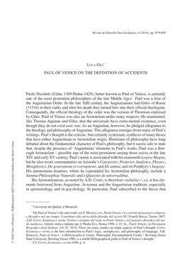 Paul of Venice on the Definition of Accidents Paolo Nicoletti
