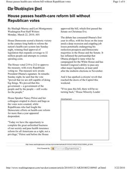 House Passes Health-Care Reform Bill Without Republican Votes Page 1 of 6