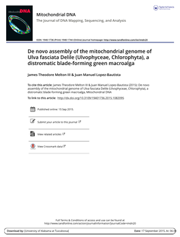 De Novo Assembly of the Mitochondrial Genome of Ulva Fasciata Delile (Ulvophyceae, Chlorophyta), a Distromatic Blade-Forming Green Macroalga