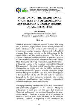 Positioning the Traditional Architecture of Aboriginal Australia in a World Theory of Architecture