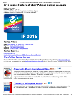 2016 Impact Factors of Chempubsoc Europe Journals :: Chemviews Magazine :: Chemistryviews 2016 Impact Factors of Chempubsoc Europe Journals